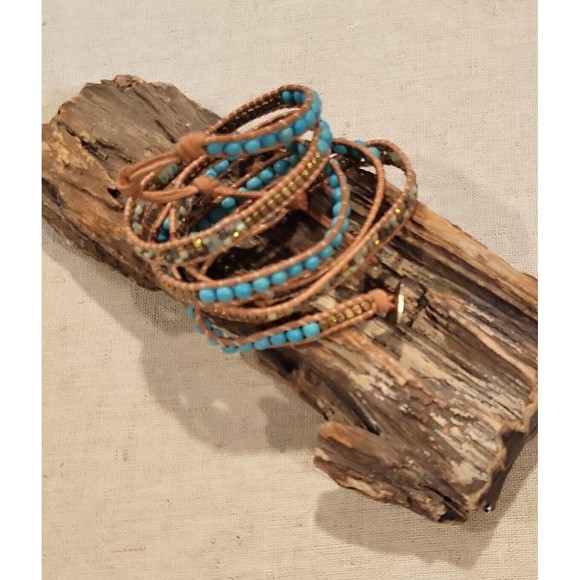 NAKAMOL Beaded Leather Wrap Bracelet Necklace Turquoise Earth Gold tones to 36" - Picture 3 of 8